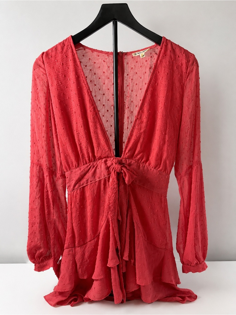 For Love & Lemons Coral Swiss Dot Open Back Long Sleeve Mini Dress Small - Picture 1 of 4